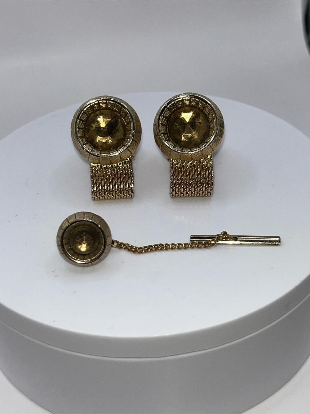Vintage SWANK Gold Tone Cufflinks/ Tie Clip with Amber Faceted Stones